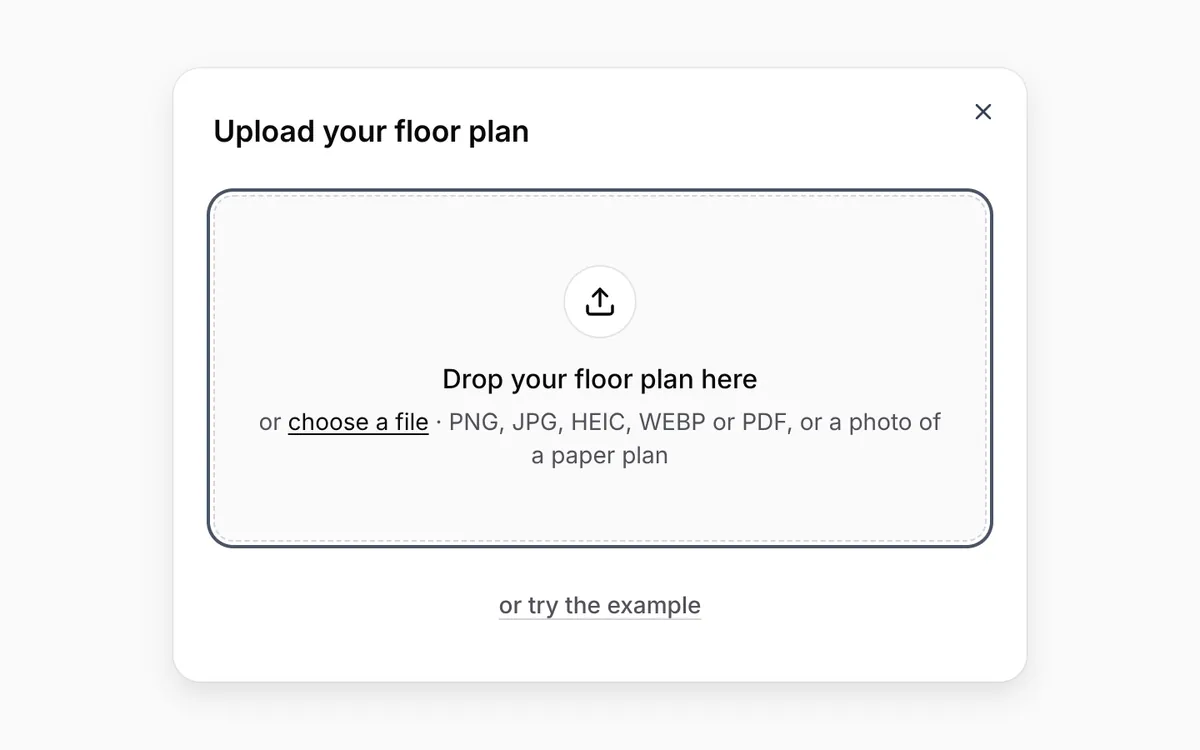 The upload dialog: drop a floor plan here, or choose a PDF, PNG, JPG, HEIC or WEBP file.