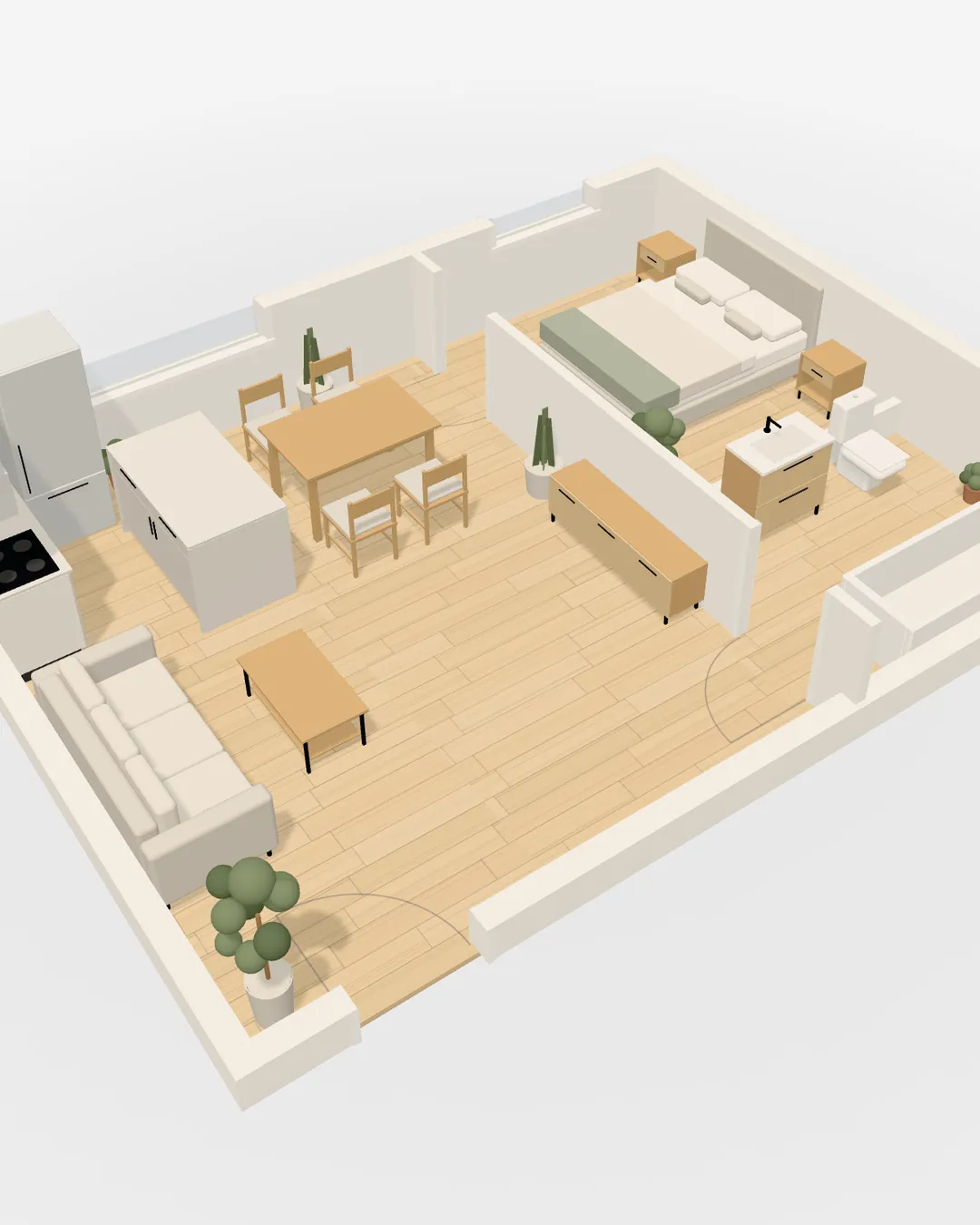 The planner showing the example flat in 3D: a kitchen, a dining table, a living room, a bedroom and a bathroom, with a 2D and 3D switch.