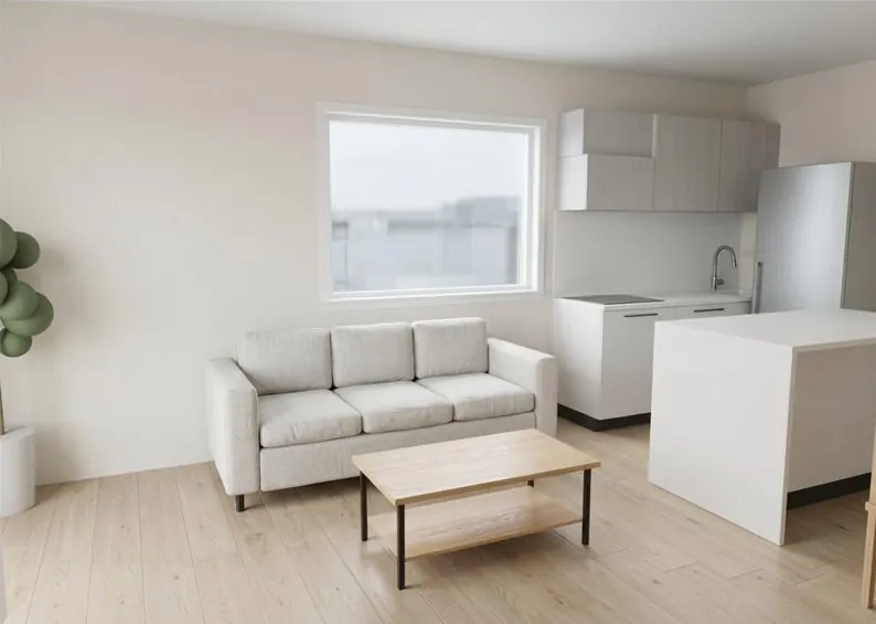 An AI render of the example flat: a light sofa and coffee table, with a white kitchen, a fridge and an island on the right.