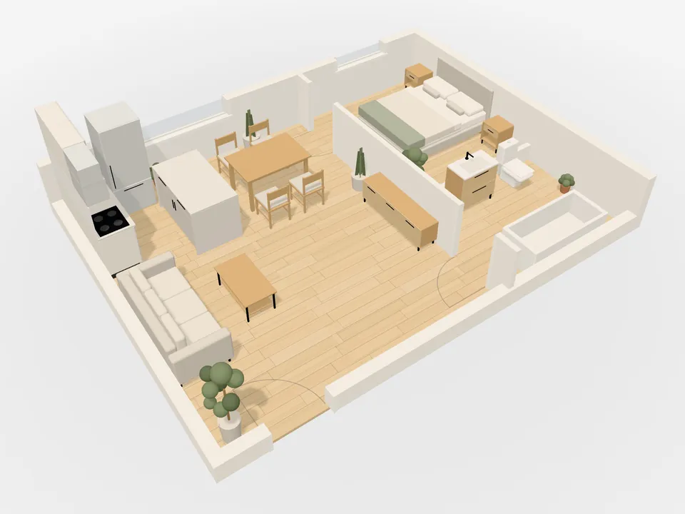 The example flat in 3D, with a run of kitchen cabinets, a fridge and a hob along the left wall.